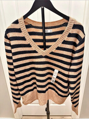 Sonoma Striped V-Neck Sweater in Tan & Black Size XXL NWT